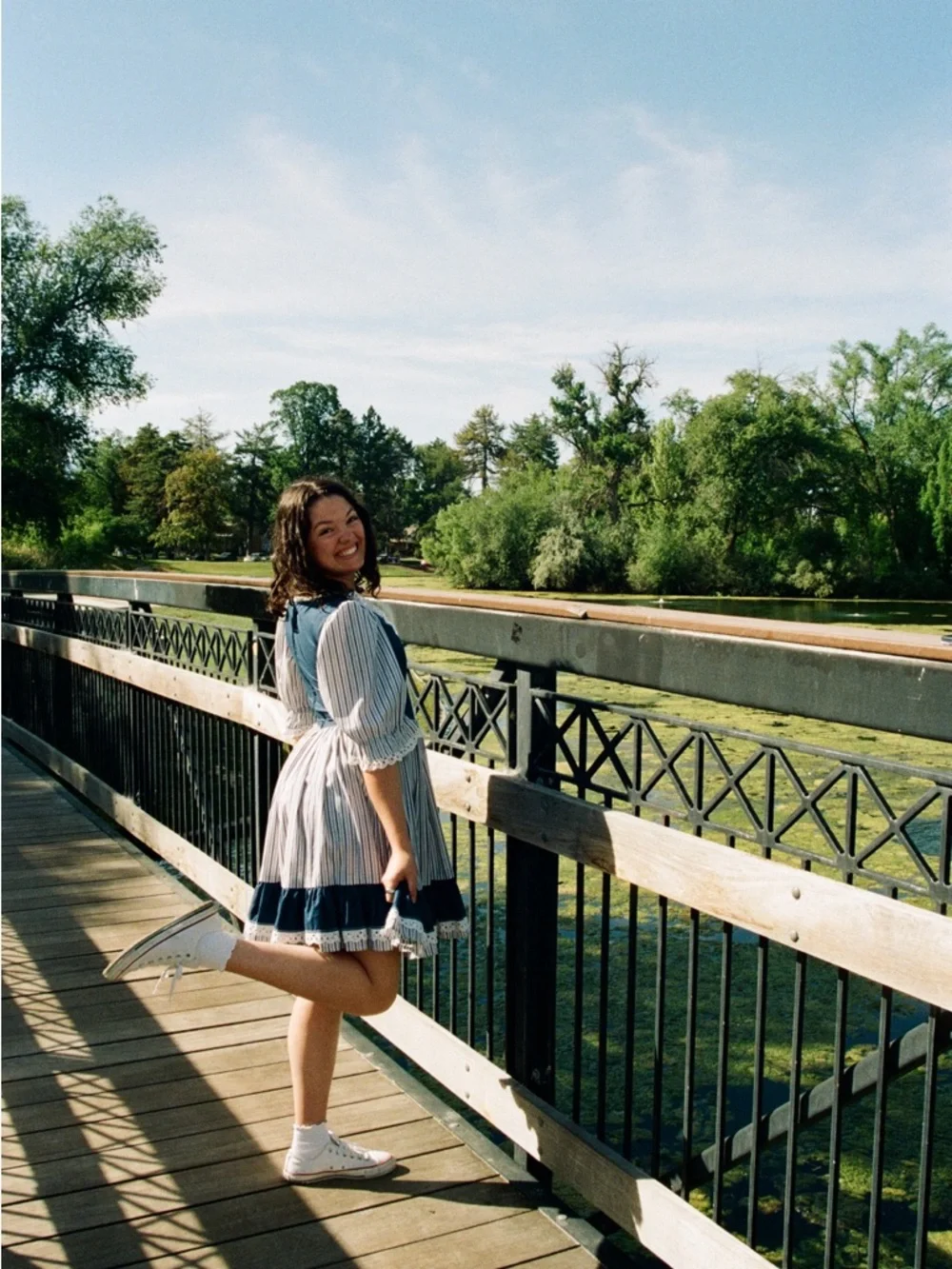 Vintage Blue & White Striped Puff Sleeve Mini Dress - Picture 2 of 13